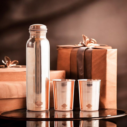 Pure Copper Glossy Look Leak Proof Water Bottle & Two Glasses with a Gift Box