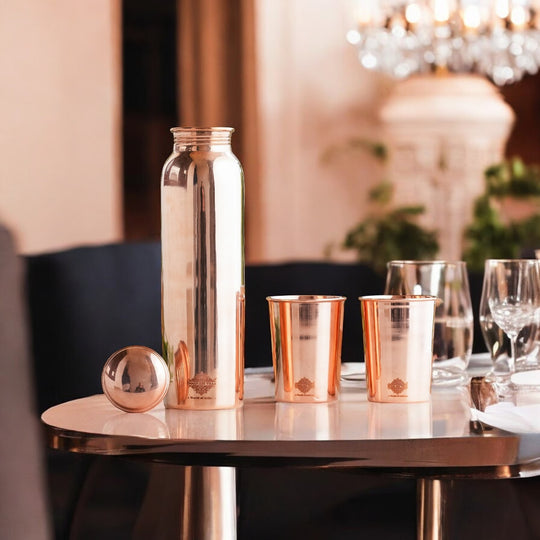 Pure Copper Glossy Look Leak Proof Water Bottle & Two Glasses with a Gift Box