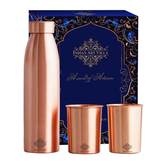 Seamless Pure Copper Drinkware Set, Including a Bottle and Two Glasses, Packaged Gift  by Indian Art Villa.