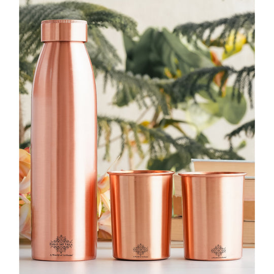 Seamless Pure Copper Drinkware Set, Including a Bottle and Two Glasses, Packaged Gift  by Indian Art Villa.