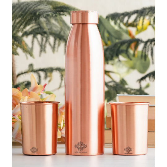 Seamless Pure Copper Drinkware Set, Including a Bottle and Two Glasses, Packaged Gift  by Indian Art Villa.