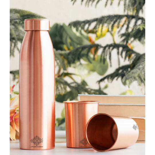 Seamless Pure Copper Drinkware Set, Including a Bottle and Two Glasses, Packaged Gift  by Indian Art Villa.