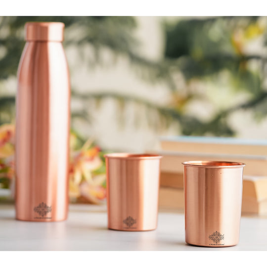 Seamless Pure Copper Drinkware Set, Including a Bottle and Two Glasses, Packaged Gift  by Indian Art Villa.