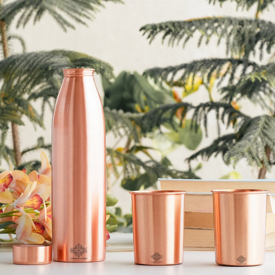 Seamless Pure Copper Drinkware Set, Including a Bottle and Two Glasses, Packaged Gift  by Indian Art Villa.