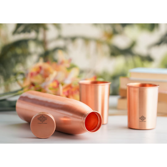 Seamless Pure Copper Drinkware Set, Including a Bottle and Two Glasses, Packaged Gift  by Indian Art Villa.