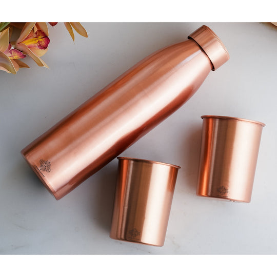 Seamless Pure Copper Drinkware Set, Including a Bottle and Two Glasses, Packaged Gift  by Indian Art Villa.