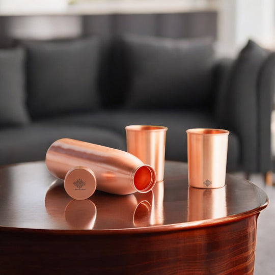 Seamless Pure Copper Drinkware Set, Including a Bottle and Two Glasses, Packaged Gift  by Indian Art Villa.