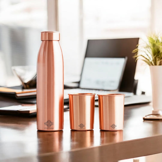 Seamless Pure Copper Drinkware Set, Including a Bottle and Two Glasses, Packaged Gift  by Indian Art Villa.