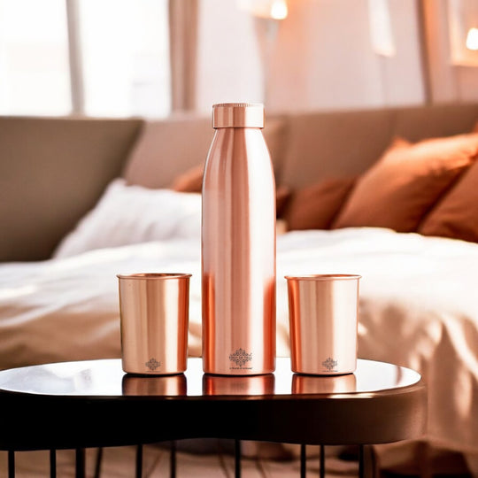 Seamless Pure Copper Drinkware Set, Including a Bottle and Two Glasses, Packaged Gift  by Indian Art Villa.