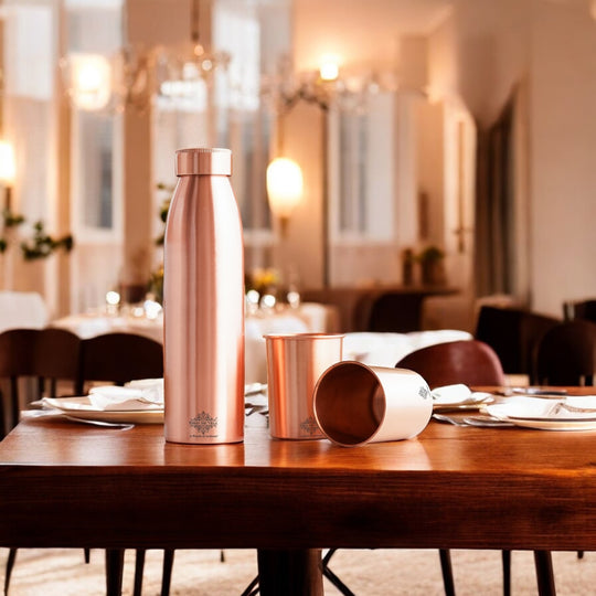 Seamless Pure Copper Drinkware Set, Including a Bottle and Two Glasses, Packaged Gift  by Indian Art Villa.