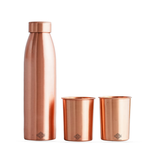 Seamless Pure Copper Drinkware Set, Including a Bottle and Two Glasses, Packaged Gift  by Indian Art Villa.