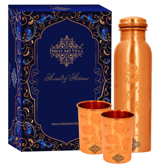 Pure copper water bottle and glass set with floral engraving and leak-proof cap, ideal for health and hydration.