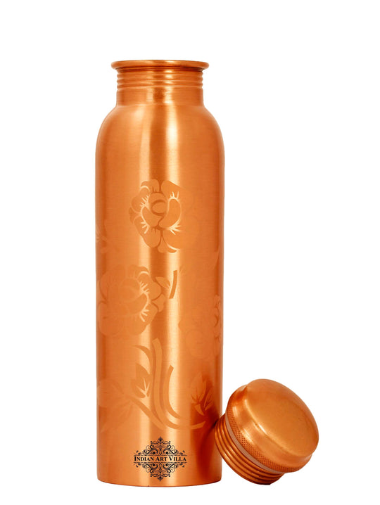 Pure copper water bottle and glass set with floral engraving and leak-proof cap, ideal for health and hydration.