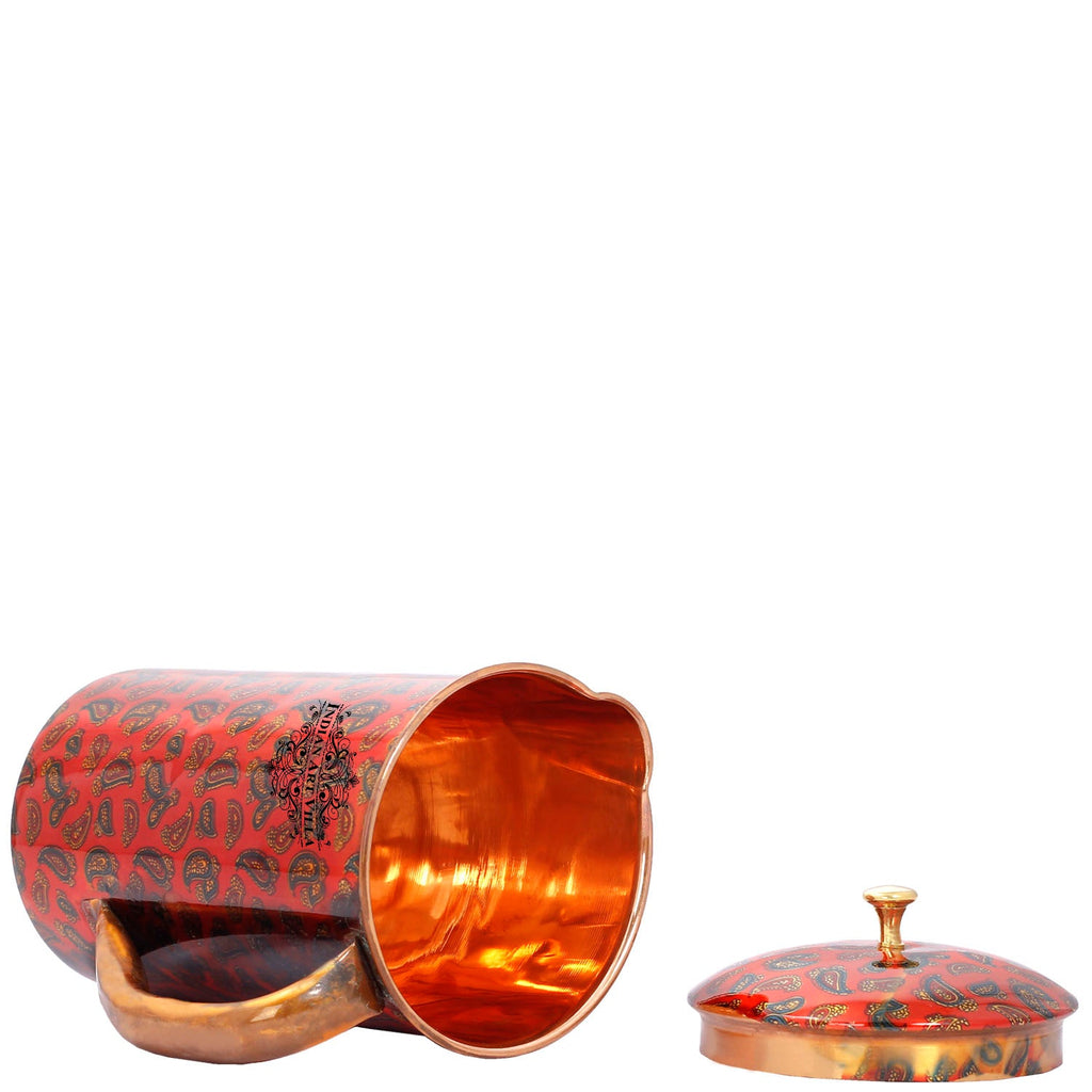 INDIAN ART VILLA Copper Jug with 2 Glass Gift Box Set, Designer Printed Pitcher, Red