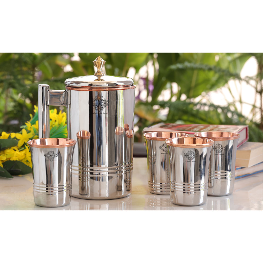 INDIAN ART VILLA Steel Copper Drinkware Gift Set of Mirror Line Design 1 Jug & Glasses With Black Gift Box, Jug-1500 ml & Glass-300 ml