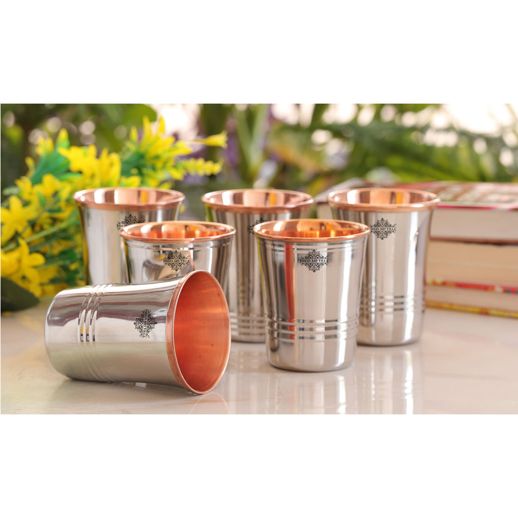 INDIAN ART VILLA Steel Copper Drinkware Gift Set of Mirror Line Design 1 Jug & Glasses With Black Gift Box, Jug-1500 ml & Glass-300 ml