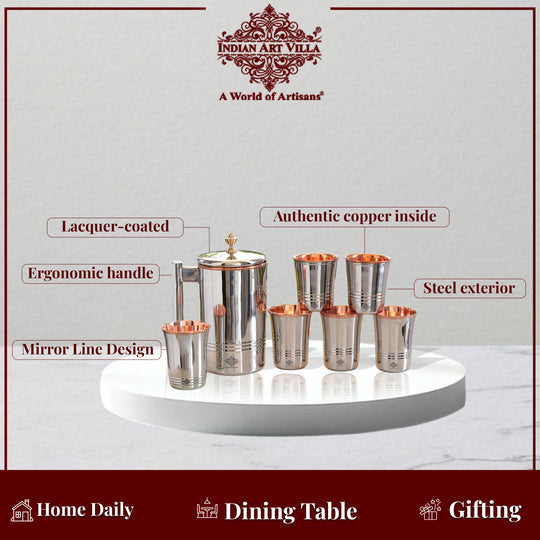 Steel Copper Drinkware Gift Set of Mirror Line Design 1 Jug & Glasses With Gift Box