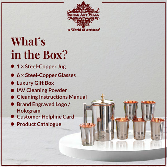 Steel Copper Drinkware Gift Set of Mirror Line Design 1 Jug & Glasses With Gift Box