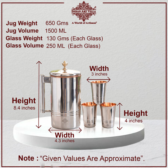 Steel Copper Drinkware Gift Set of Mirror Line Design 1 Jug & Glasses With Gift Box