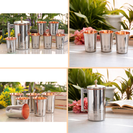 Steel Copper Drinkware Gift Set of Mirror Line Design 1 Jug & Glasses With Gift Box