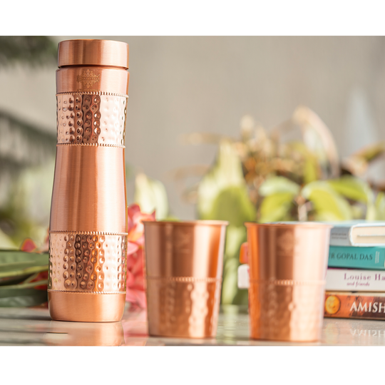 Copper Drinkware Gift Set of 2 Glass and 1 Bottle With Hammered Design