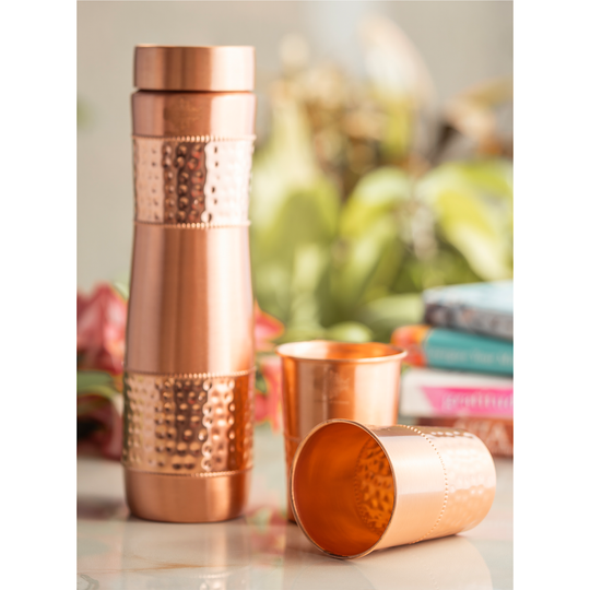 Copper Drinkware Gift Set of 2 Glass and 1 Bottle With Hammered Design