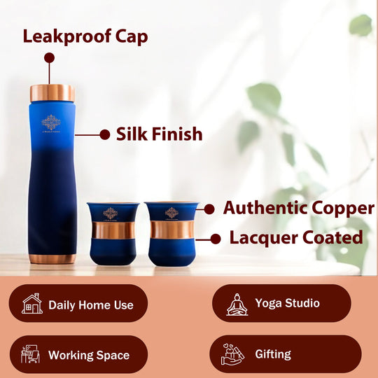 Elegant matte blue tamra bottle and glass set by Indian Art Villa for rasoi and office