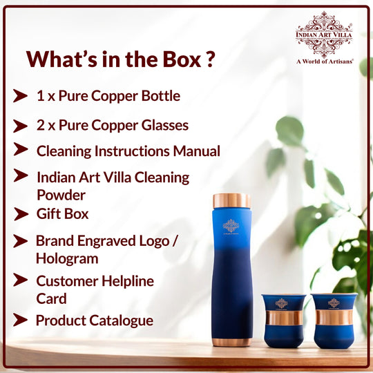 Premium matte blue copper water bottle with glass set, tamra hydration bottle for home use