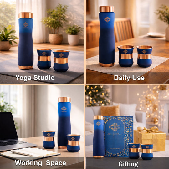 Matte finish blue tamra bottle set with glasses by Indian Art Villa for healthy hydration