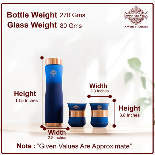 Designer blue copper bottle set with matching glasses, smooth finish tambe ka paani bottle set
