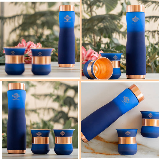 Premium blue copper bottle and glass set, smooth matte coating for kitchen and office use
