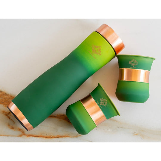 Green silk finish copper bottle with matching glasses by Indian Art Villa, designed for stylish home displays.