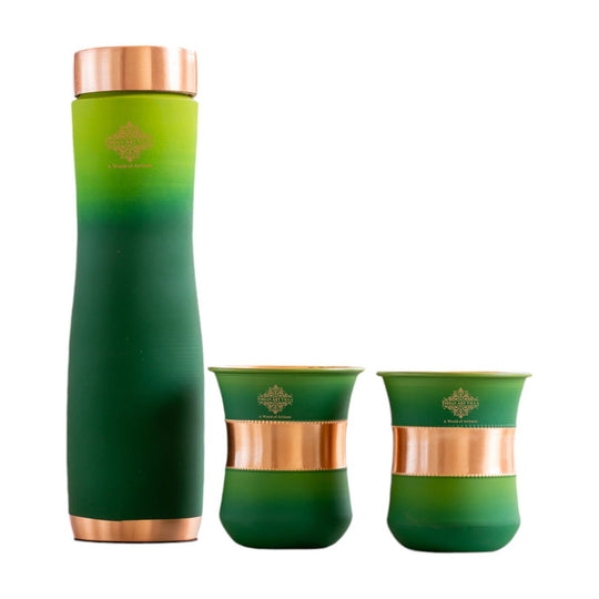 Green silk finish copper bottle with matching glasses by Indian Art Villa, designed for stylish home displays.
