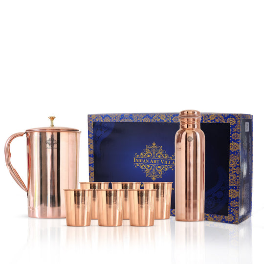 Premium handcrafted copper drinkware gift set, featuring a bottle and tumblers with a sleek shine finish design.