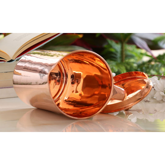 Premium handcrafted copper drinkware gift set, featuring a bottle and tumblers with a sleek shine finish design.