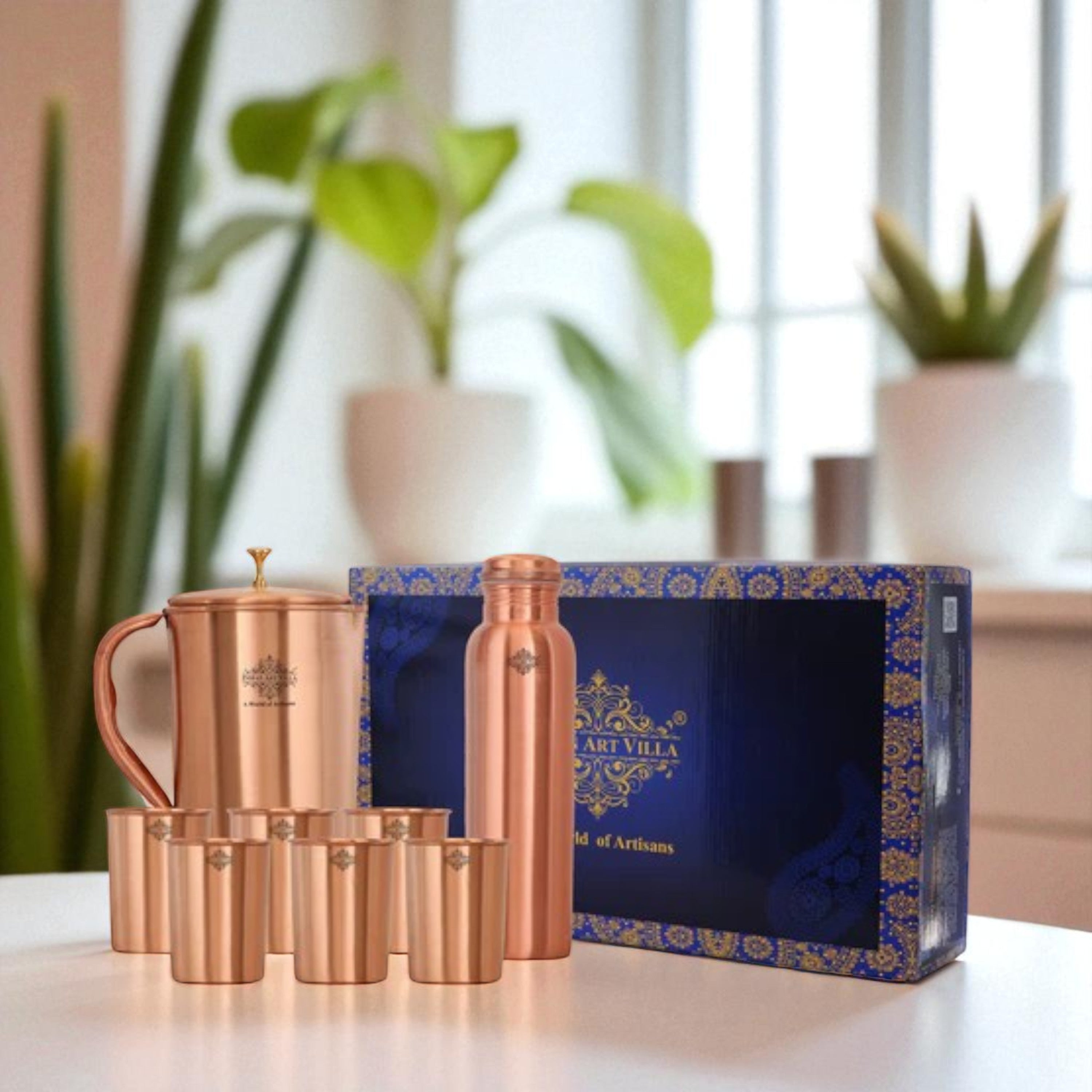 Lacquered Copper Gift Set 1 Jug, 1 Bottle 6 Glasses - Indian Art