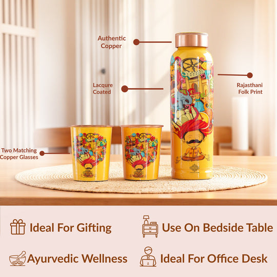 Rajasthani Meena Print Copper Bottle & Glass Set