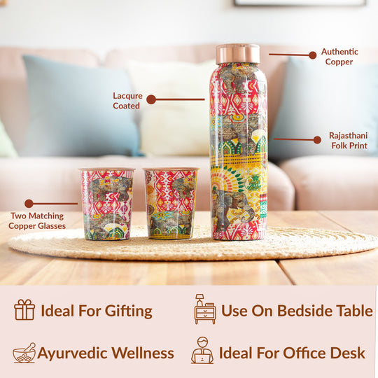 Rajasthani Meena Print Copper Bottle & Glass Set