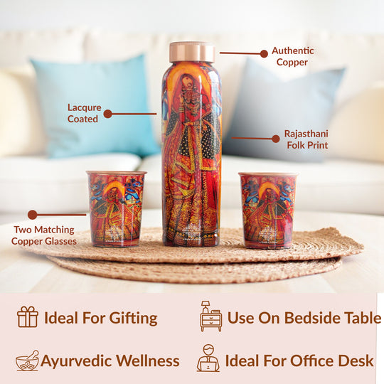 Rajasthani Meena Print Copper Bottle & Glass Set