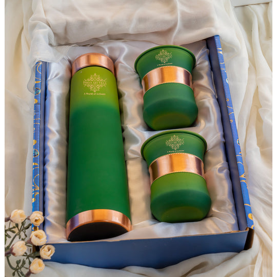 Green pyramid copper bottle and glasses set with lacquered ombre finish, handcrafted by Indian Art Villa artisans.