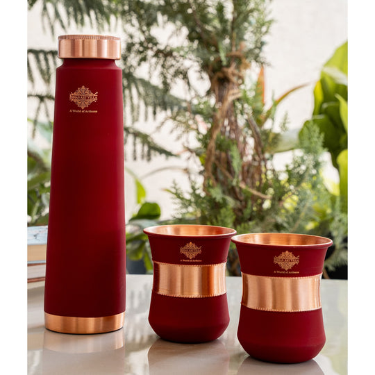 Pure Copper Drinkware Gift Set Red Color Bottle & Two Glasses With Silk Finish Design