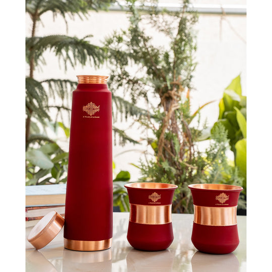 Pure Copper Drinkware Gift Set Red Color Bottle & Two Glasses With Silk Finish Design