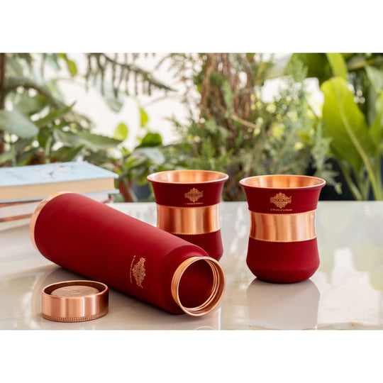 Pure Copper Drinkware Gift Set Red Color Bottle & Two Glasses With Silk Finish Design