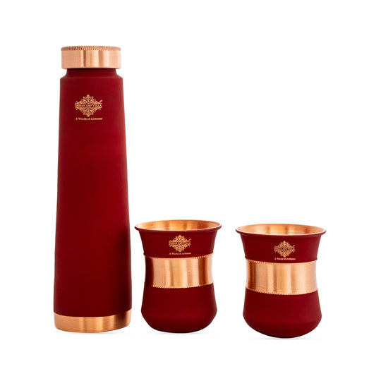 Pure Copper Drinkware Gift Set Red Color Bottle & Two Glasses With Silk Finish Design