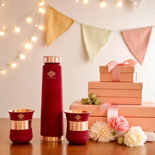 Pure Copper Drinkware Gift Set Red Color Bottle & Two Glasses With Silk Finish Design