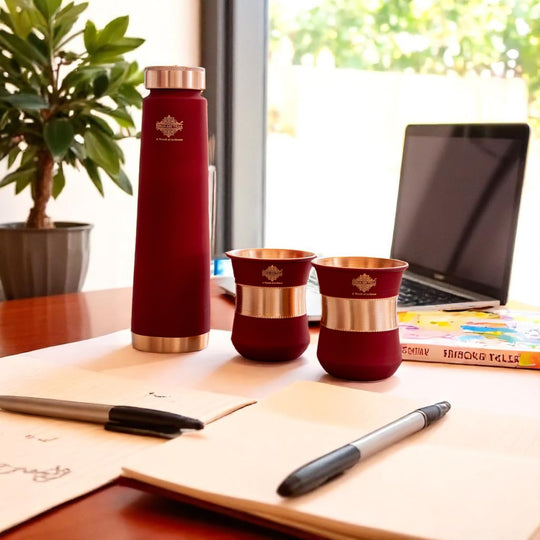 Pure Copper Drinkware Gift Set Red Color Bottle & Two Glasses With Silk Finish Design