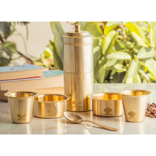 Pure Brass South Indian Coffee Filter Gift Set with 2 Dabra Sets – Traditional Matt Finish, Velvet Gift Box Perfect For Gifting