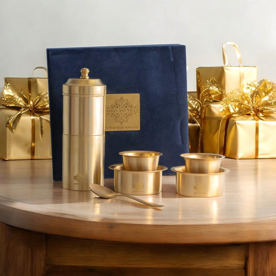Pure Brass South Indian Coffee Filter Gift Set with 2 Dabra Sets – Traditional Matt Finish, Velvet Gift Box Perfect For Gifting