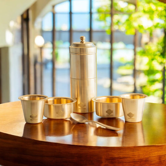 Pure Brass South Indian Coffee Filter Gift Set with 2 Dabra Sets – Traditional Matt Finish, Velvet Gift Box Perfect For Gifting