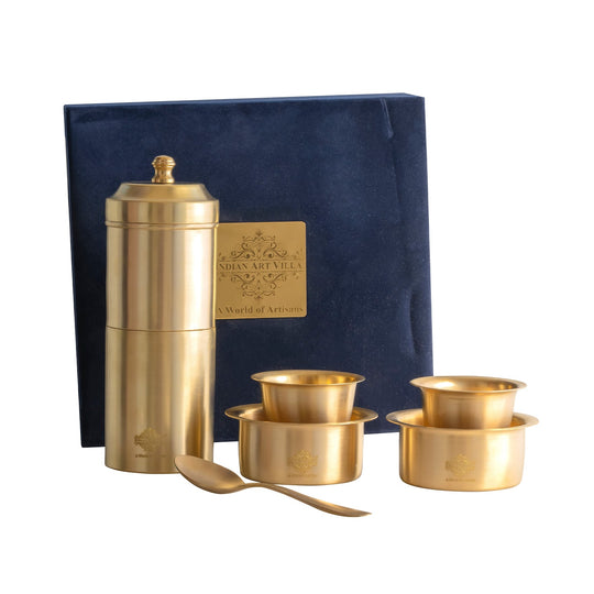 Pure Brass South Indian Coffee Filter Gift Set with 2 Dabra Sets – Traditional Matt Finish, Velvet Gift Box Perfect For Gifting